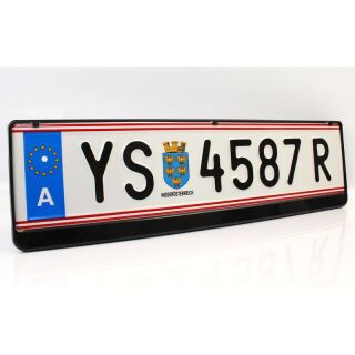 Schwarzer Kennzeichenhalter AT-Österreich (Premium) mit Folienbeschriftung nach Wunsch